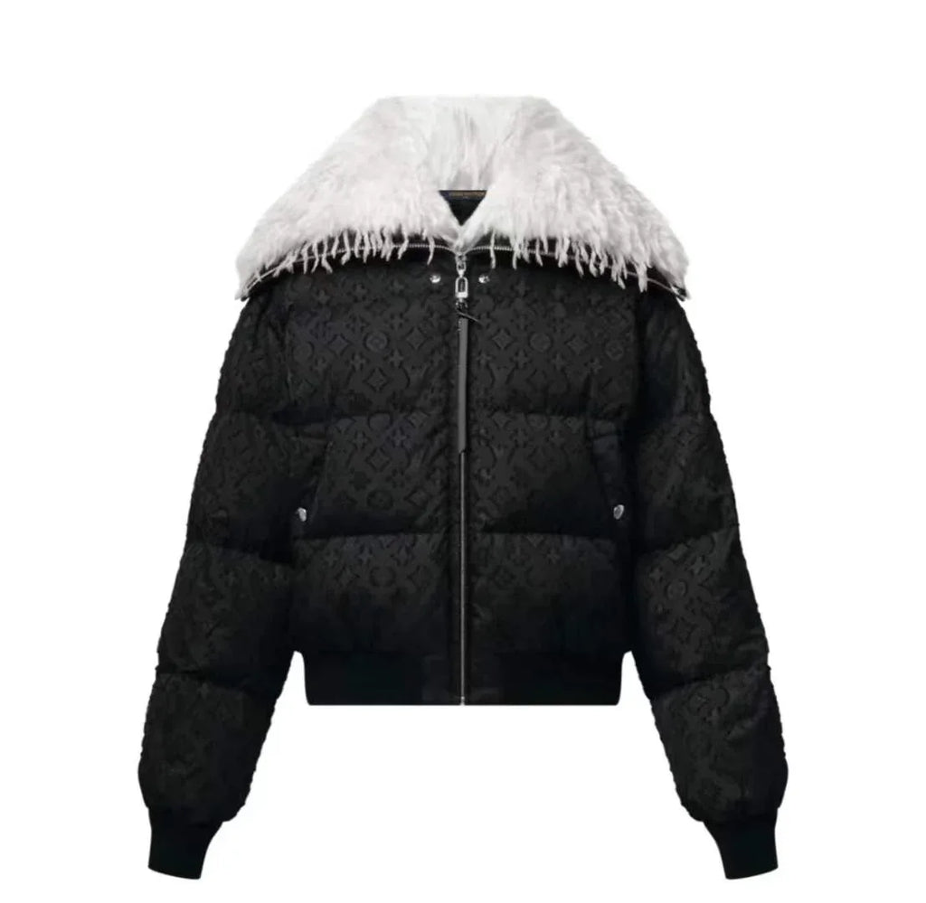 Women's Cozy Cropped Puffer Jacket with Plush Faux Fur Trim Hood - SenopekooCLO