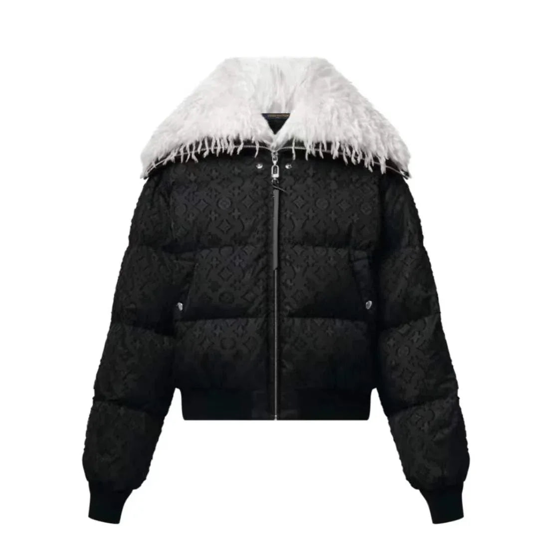 Women's Cozy Cropped Puffer Jacket with Plush Faux Fur Trim Hood - SenopekooCLO