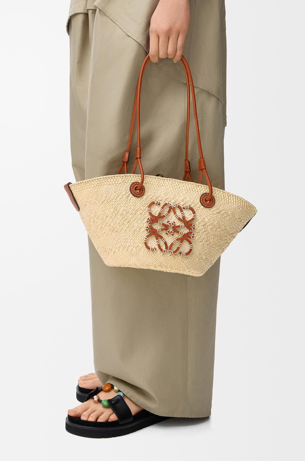 Small Anagram basket bag in iraca palm and calfskin