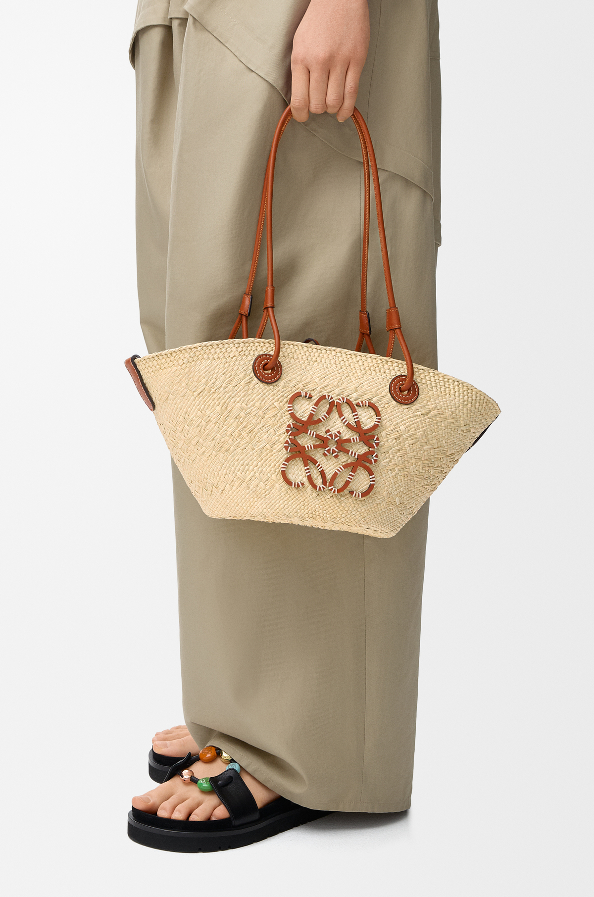 Small Anagram basket bag in iraca palm and calfskin
