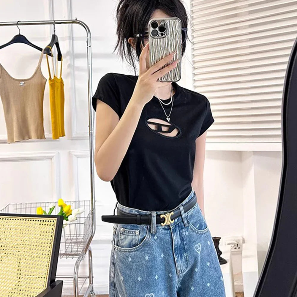 DIESEL Women's Oval D Cut-Out Slim Fit Graphic T-Shirt