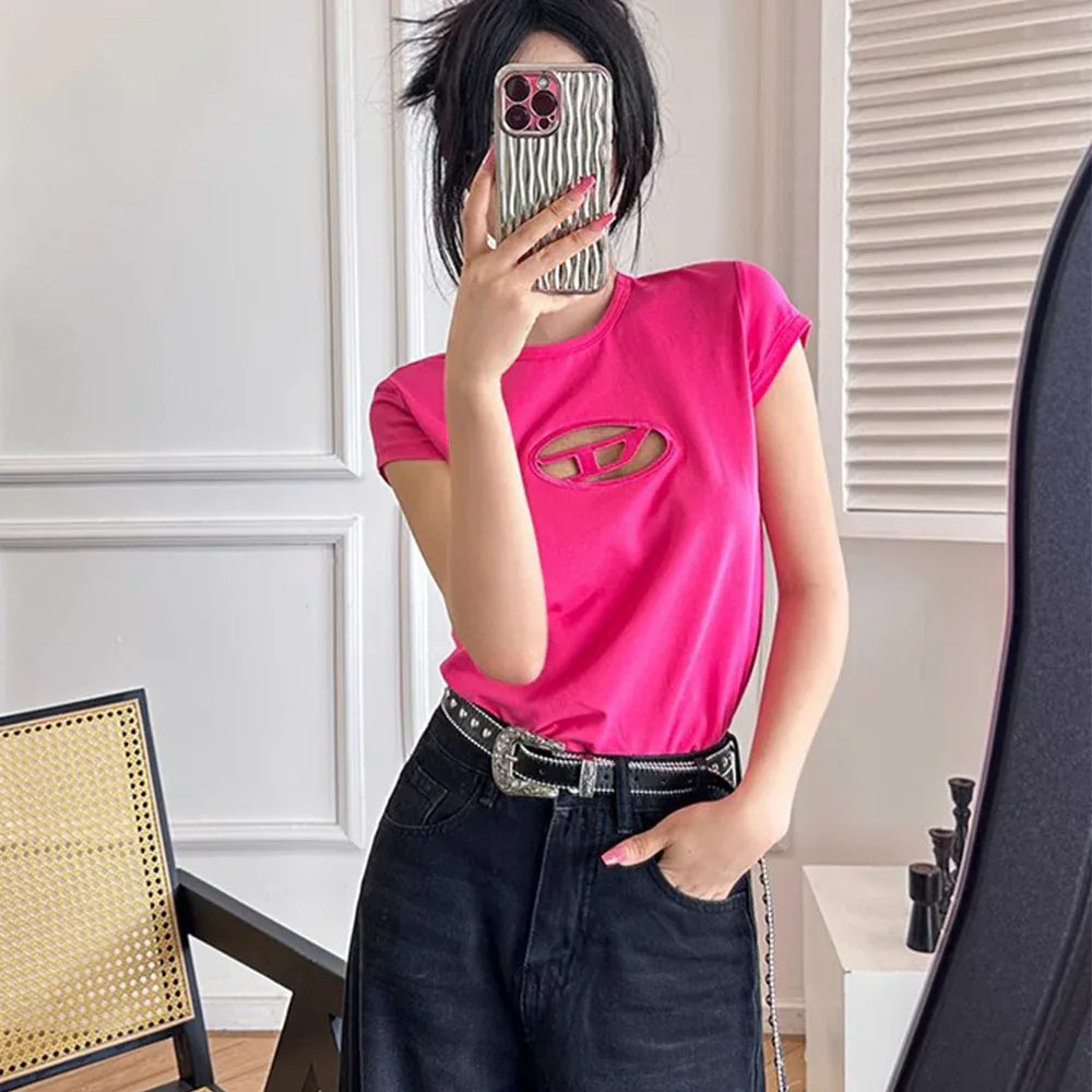 DIESEL Women's Oval D Cut-Out Slim Fit Graphic T-Shirt