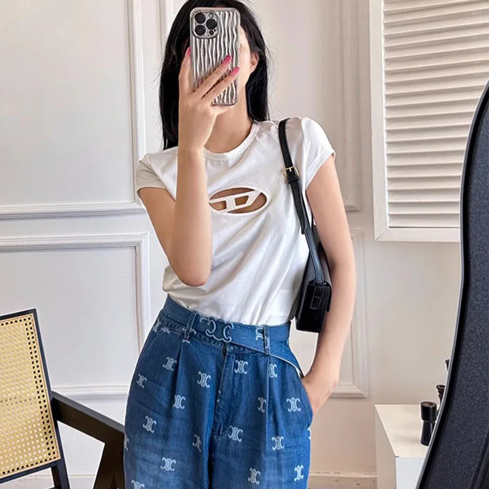 DIESEL Women's Oval D Cut-Out Slim Fit Graphic T-Shirt