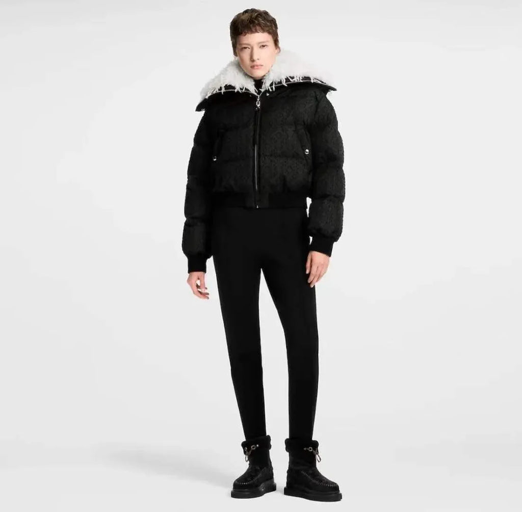 Women's Cozy Cropped Puffer Jacket with Plush Faux Fur Trim Hood - SenopekooCLO