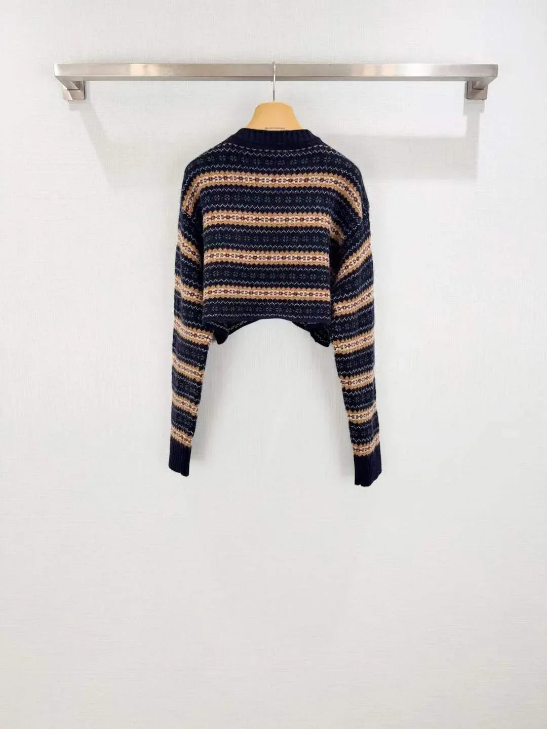 Women's Textured Knit Sweater with Earth-Tone Stripes and Relaxed Fit - SenopekooCLO