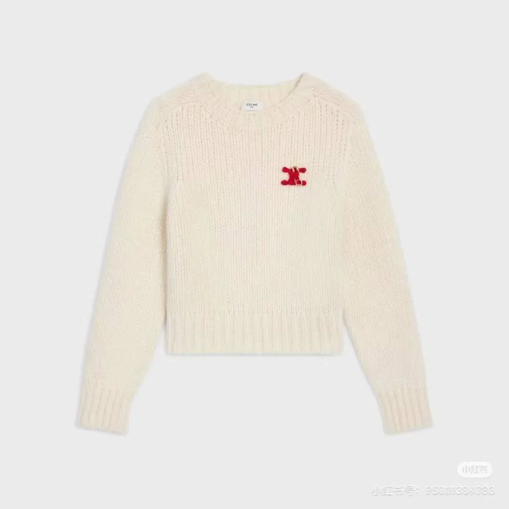 Women's Cream Knit Sweater with Embroidered Motif and Relaxed Fit - SenopekooCLO