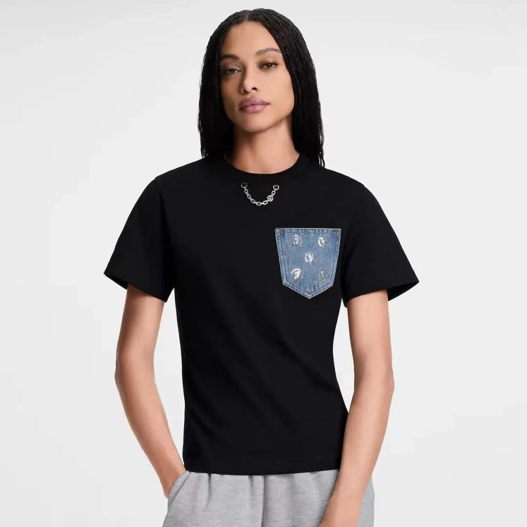 Unisex Urban Short Sleeve Tee with Denim Accent Pocket and Edgy Chain Detail - SenopekooCLO
